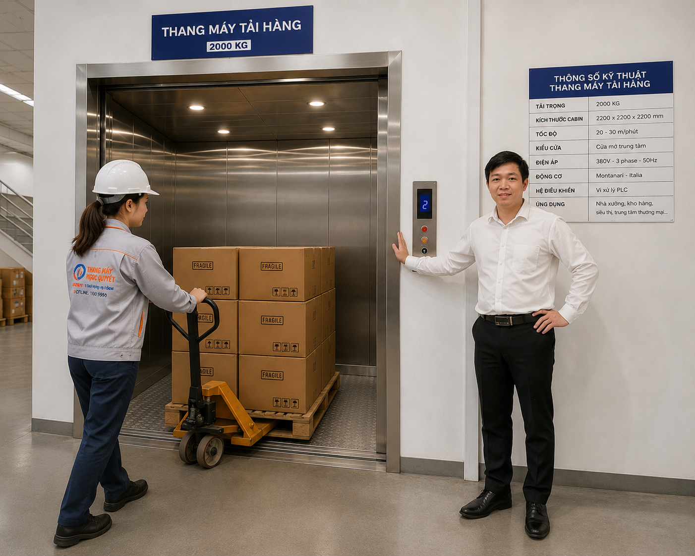 Nhân viên dùng xe nâng đẩy pallet hàng vào thang máy tải hàng 2000kg trong kho công nghiệp